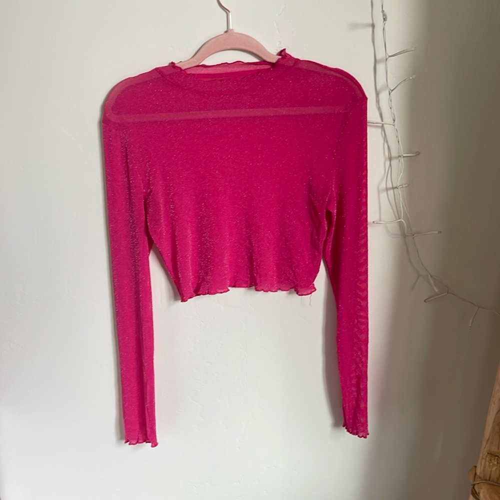 Sheer pink mesh long sleeve crop top sparkle, lettuce trim size large, no tags